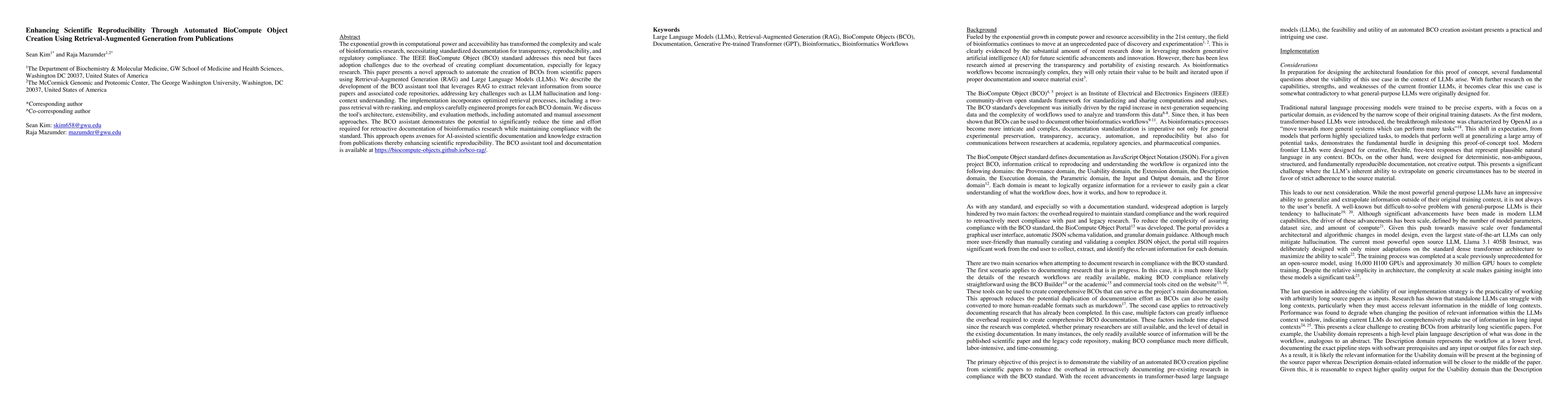 Thumbnail for Enhancing Scientific Reproducibility Through Automated BioCompute Object
  Creation Using Retrieval-Augmented Generation from Publications