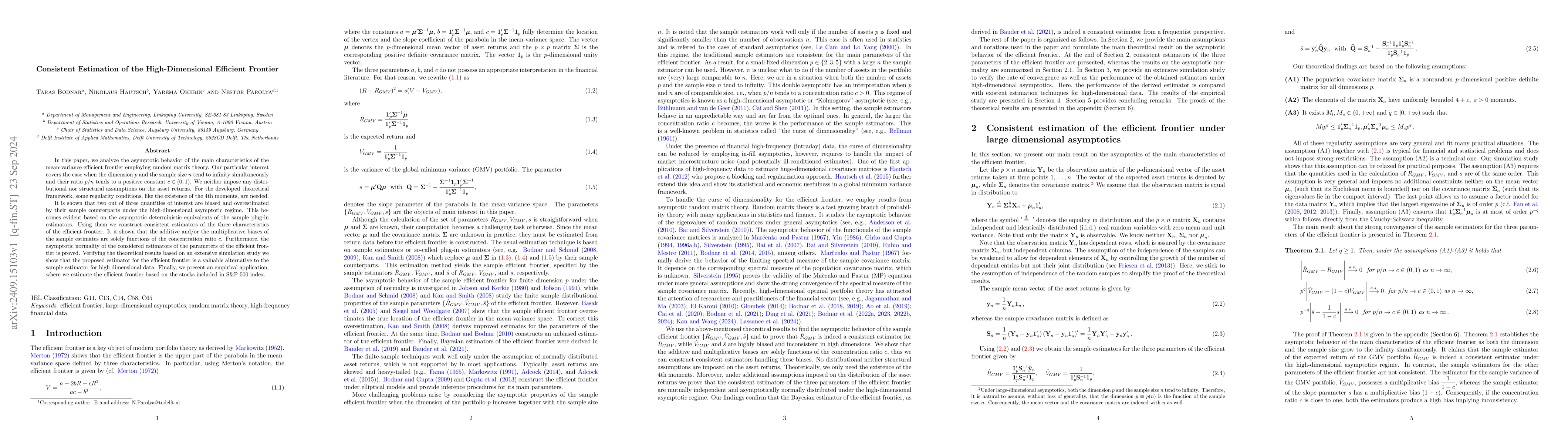 Thumbnail for Consistent Estimation of the High-Dimensional Efficient Frontier
