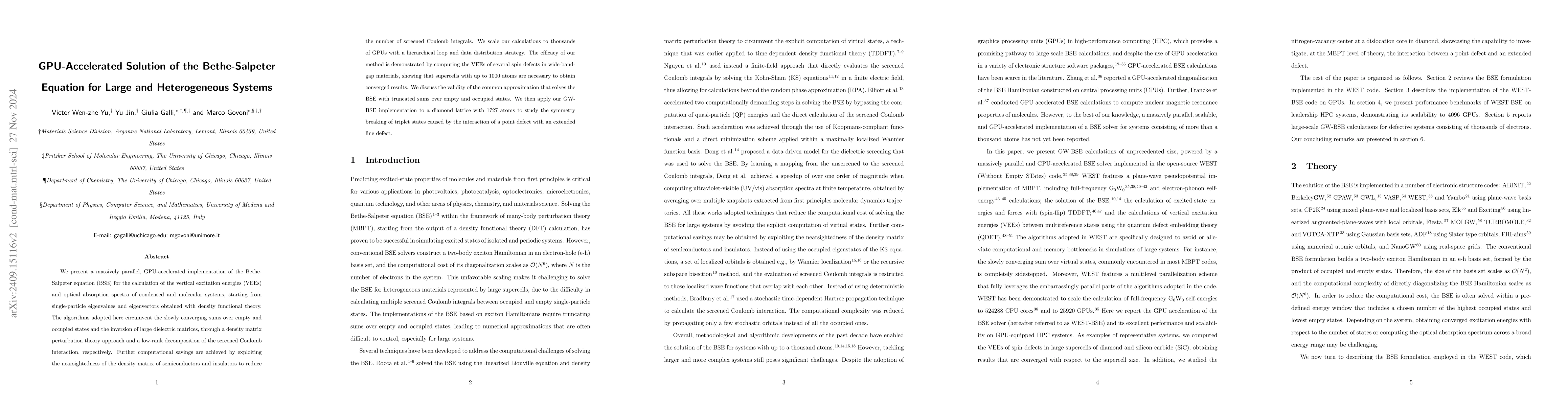 Thumbnail for GPU-Accelerated Solution of the Bethe-Salpeter Equation for Large and
  Heterogeneous Systems