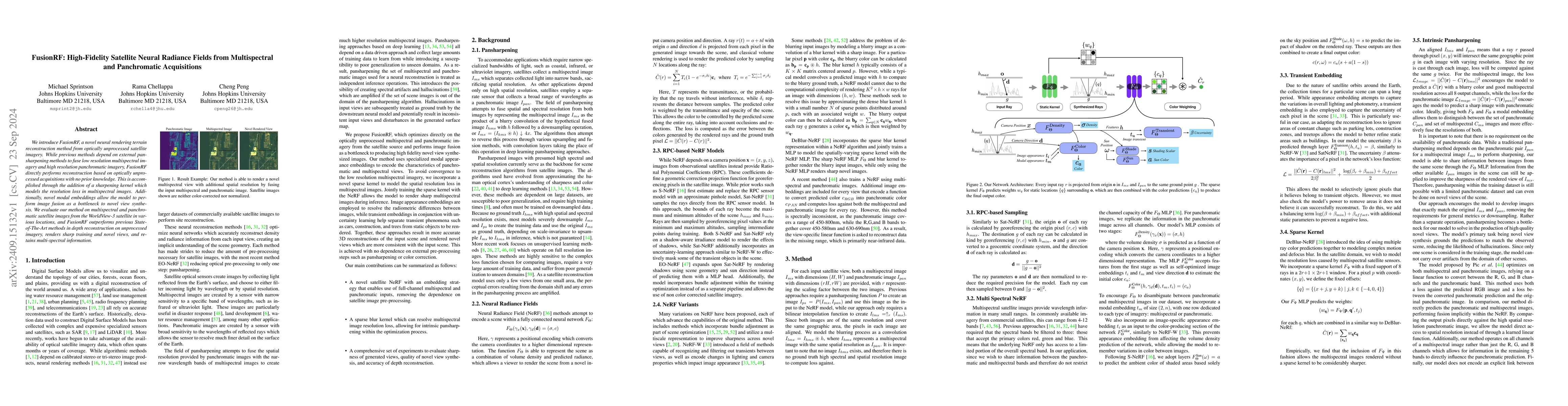 Thumbnail for FusionRF: High-Fidelity Satellite Neural Radiance Fields from
  Multispectral and Panchromatic Acquisitions
