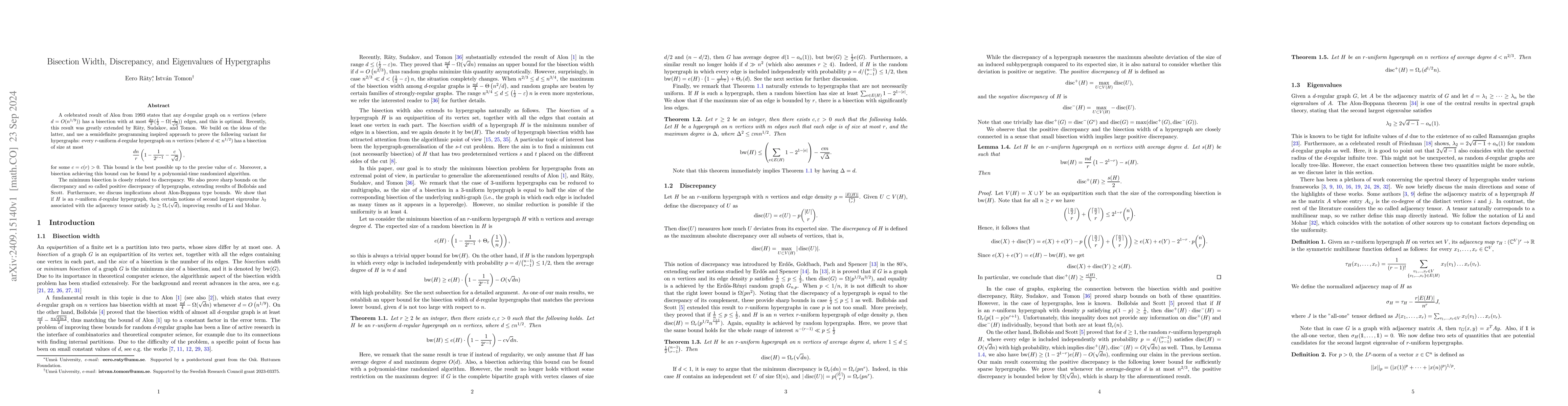Thumbnail for Bisection Width, Discrepancy, and Eigenvalues of Hypergraphs