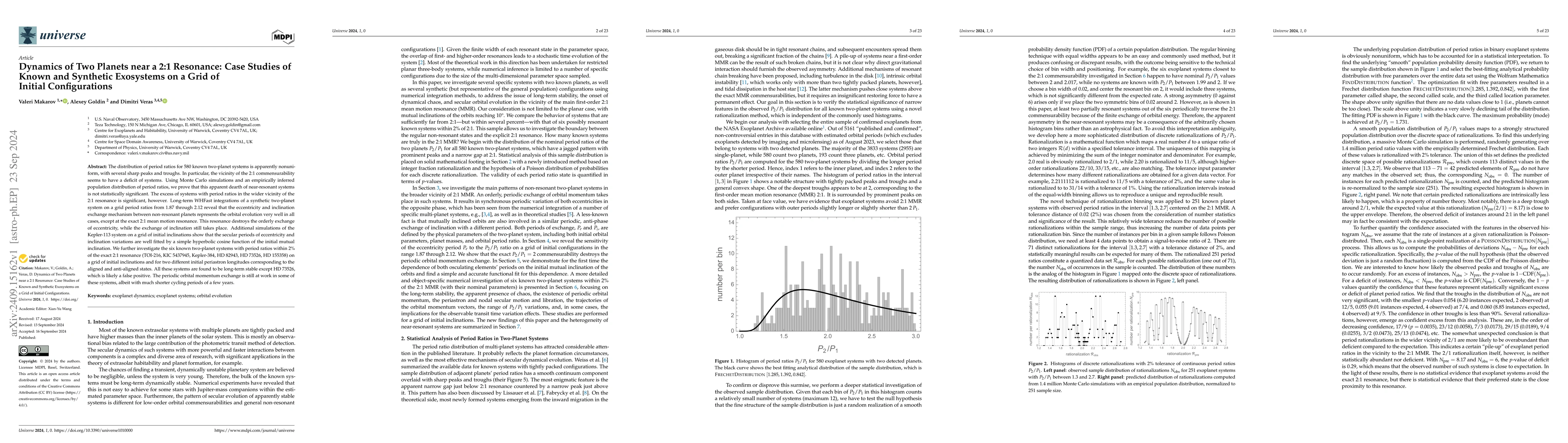 Thumbnail for Dynamics of Two Planets near a 2:1 Resonance: Case Studies of Known and
  Synthetic Exosystems on a Grid of Initial Configurations