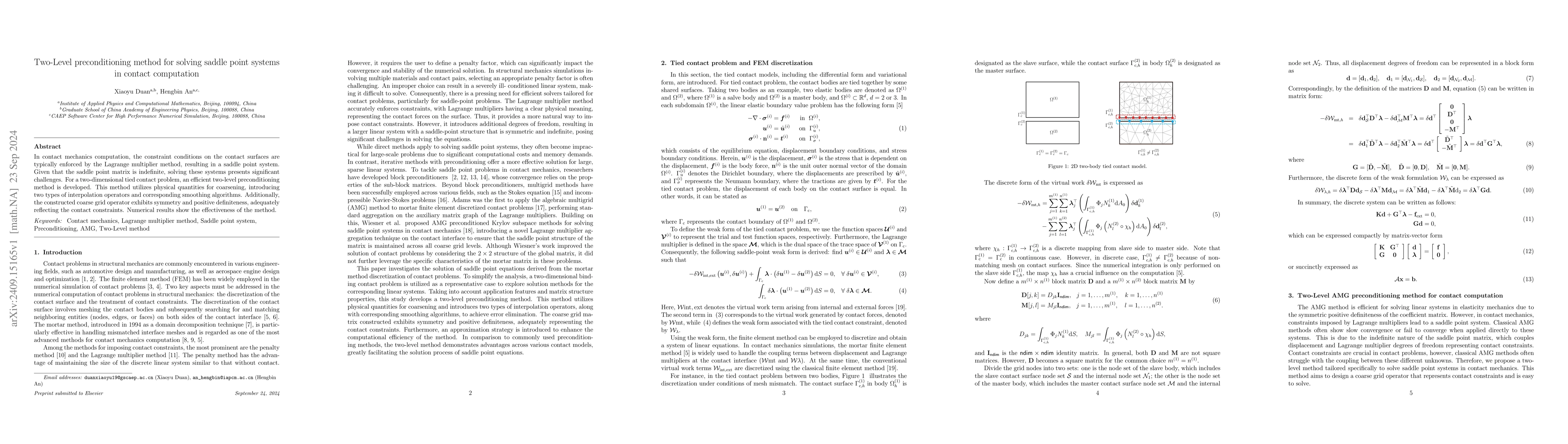 Thumbnail for Two-Level preconditioning method for solving saddle point systems in
  contact computation