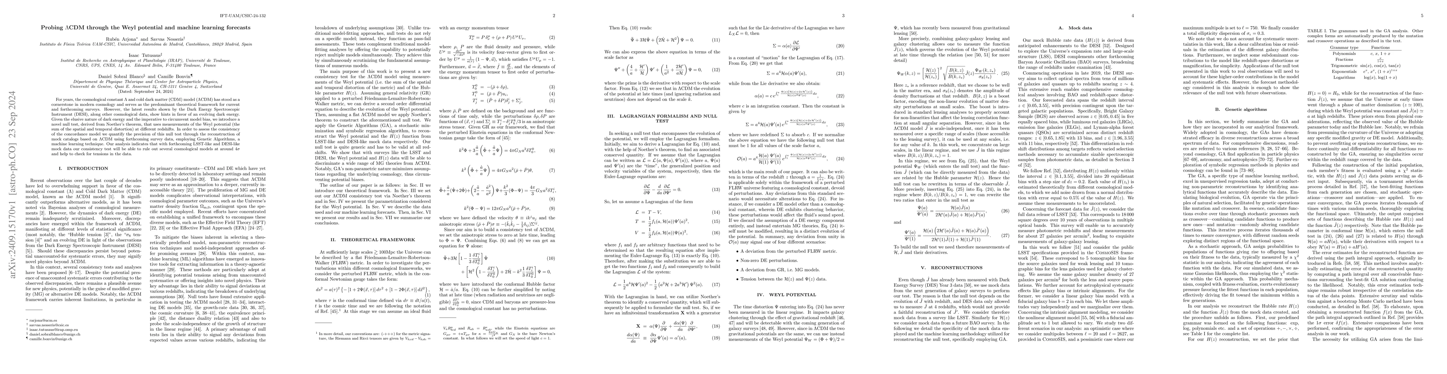 Thumbnail for Probing $Λ$CDM through the Weyl potential and machine learning
  forecasts
