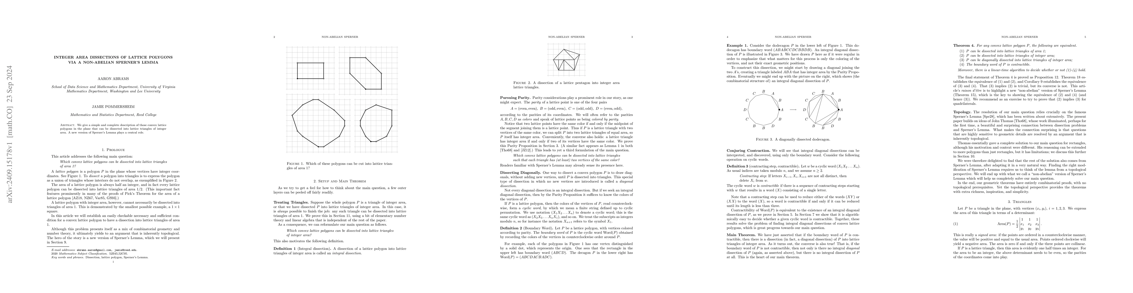 Thumbnail for Integer Area Dissections of Lattice Polygons via a Non-Abelian Sperner's
  Lemma