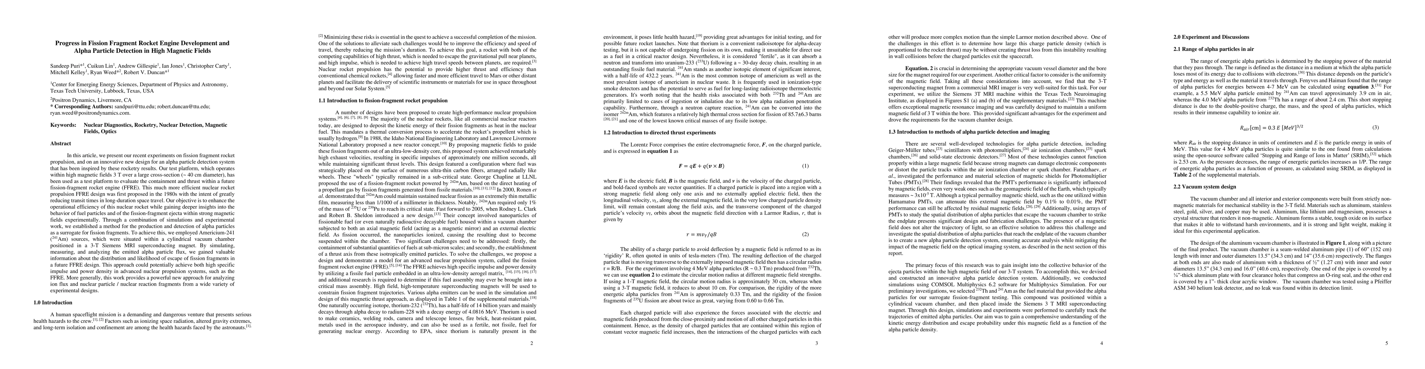Thumbnail for Progress in Fission Fragment Rocket Engine Development and Alpha
  Particle Detection in High Magnetic Fields