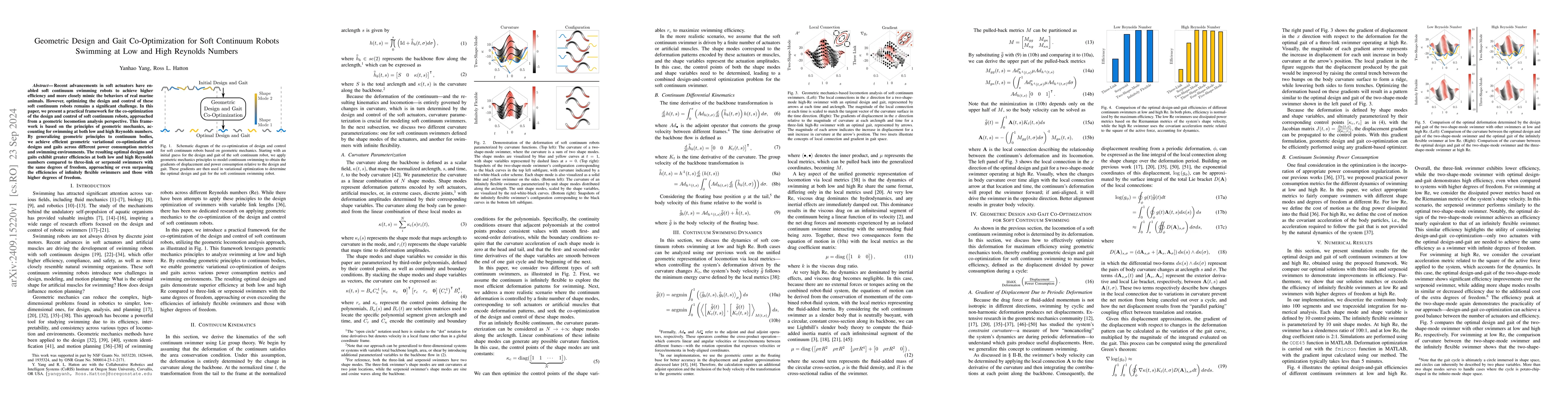 Thumbnail for Geometric Design and Gait Co-Optimization for Soft Continuum Robots
  Swimming at Low and High Reynolds Numbers
