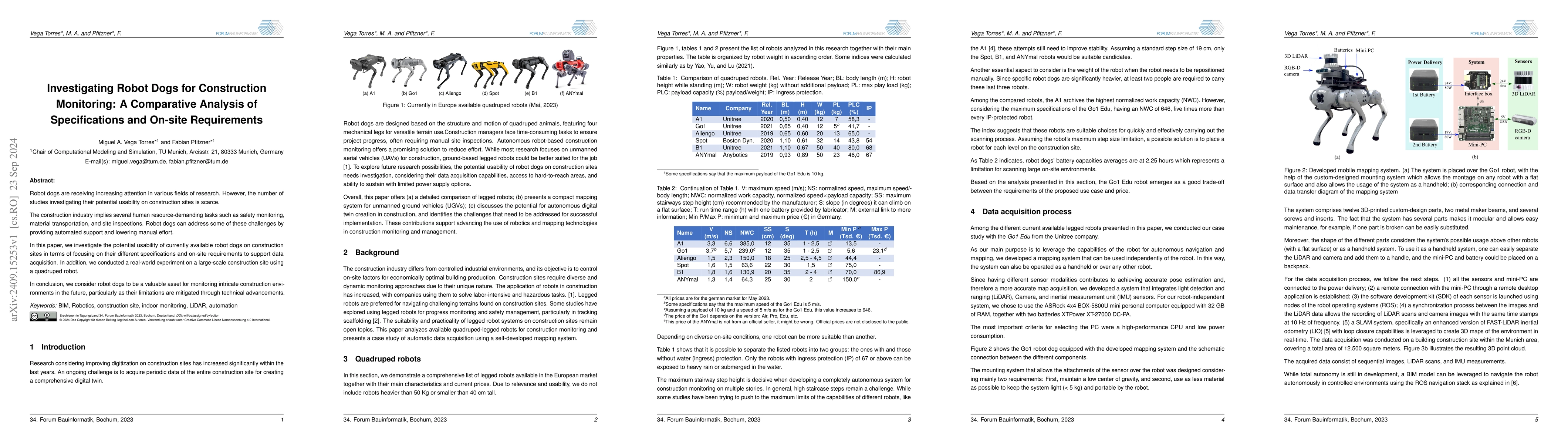 Thumbnail for Investigating Robot Dogs for Construction Monitoring: A Comparative
  Analysis of Specifications and On-site Requirements