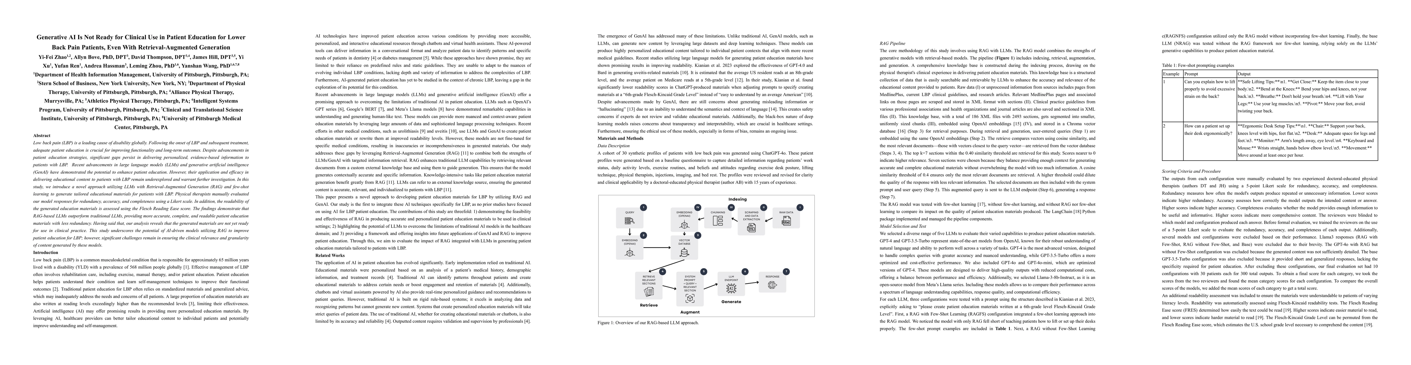Thumbnail for Generative AI Is Not Ready for Clinical Use in Patient Education for
  Lower Back Pain Patients, Even With Retrieval-Augmented Generation