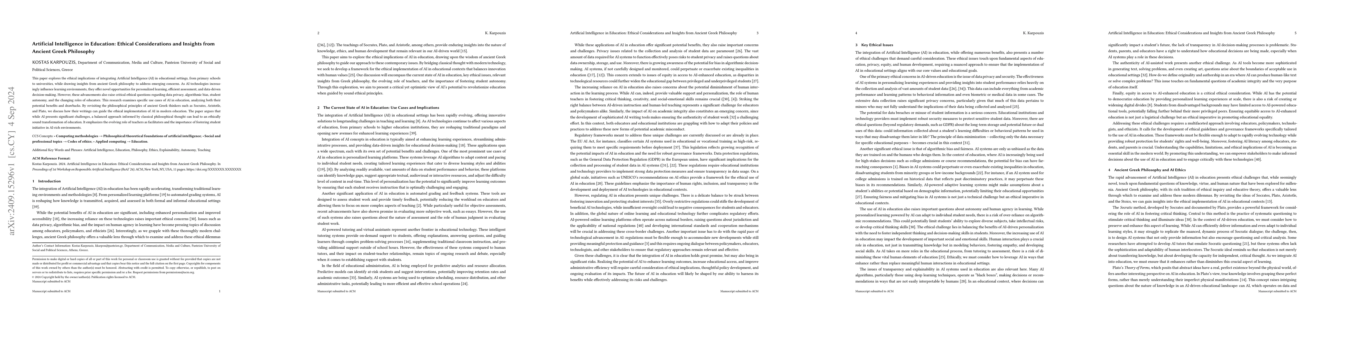 Thumbnail for Artificial Intelligence in Education: Ethical Considerations and
  Insights from Ancient Greek Philosophy