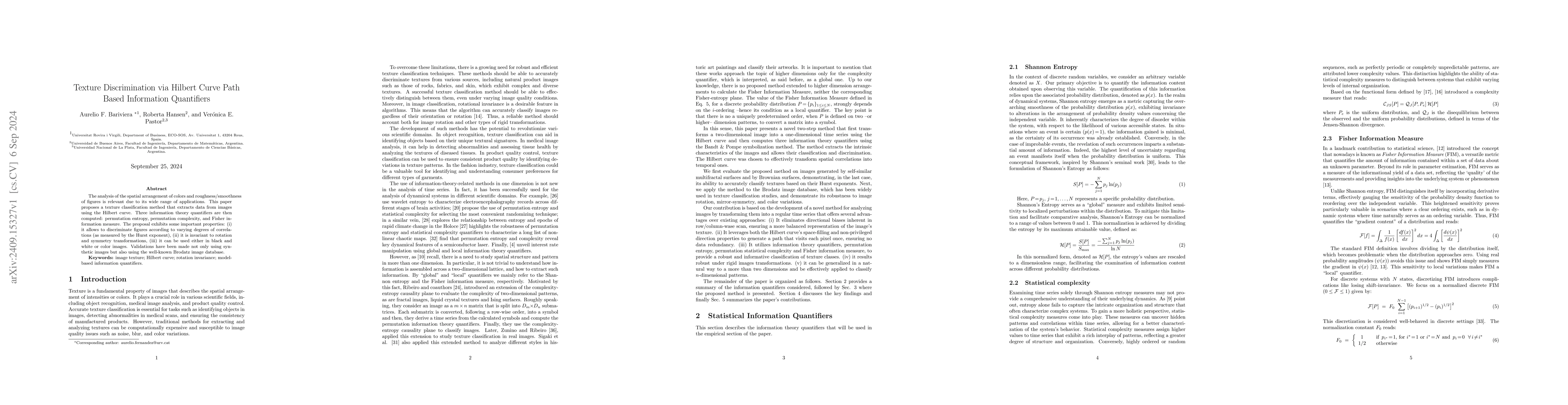 Thumbnail for Texture Discrimination via Hilbert Curve Path Based Information
  Quantifiers