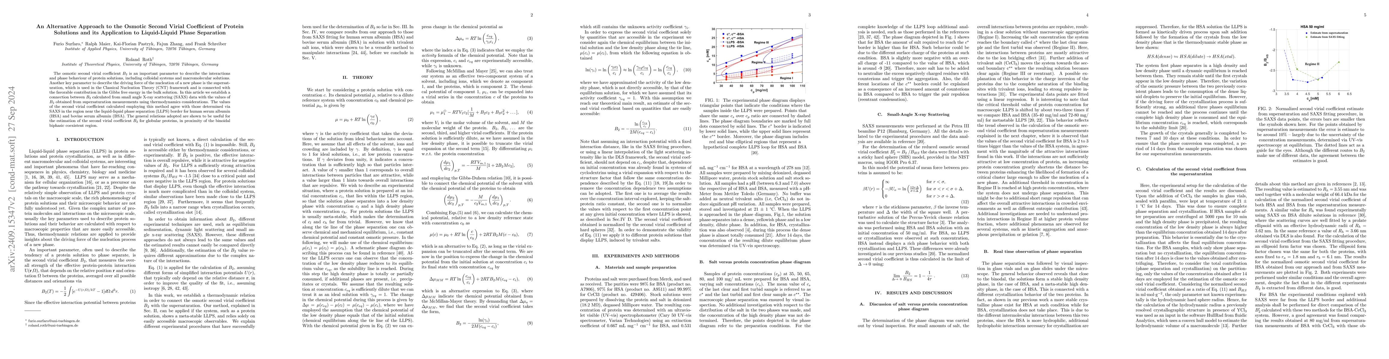 Thumbnail for An alternative approach to the osmotic second virial coefficient of
  protein solutions and its application to liquid liquid phase separation