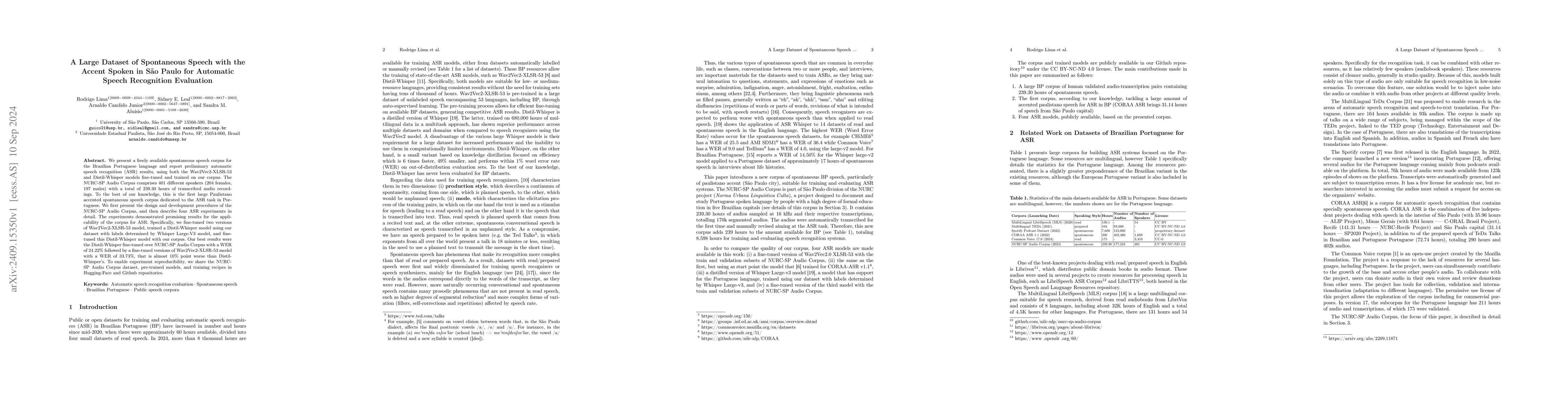 Thumbnail for A Large Dataset of Spontaneous Speech with the Accent Spoken in São
  Paulo for Automatic Speech Recognition Evaluation