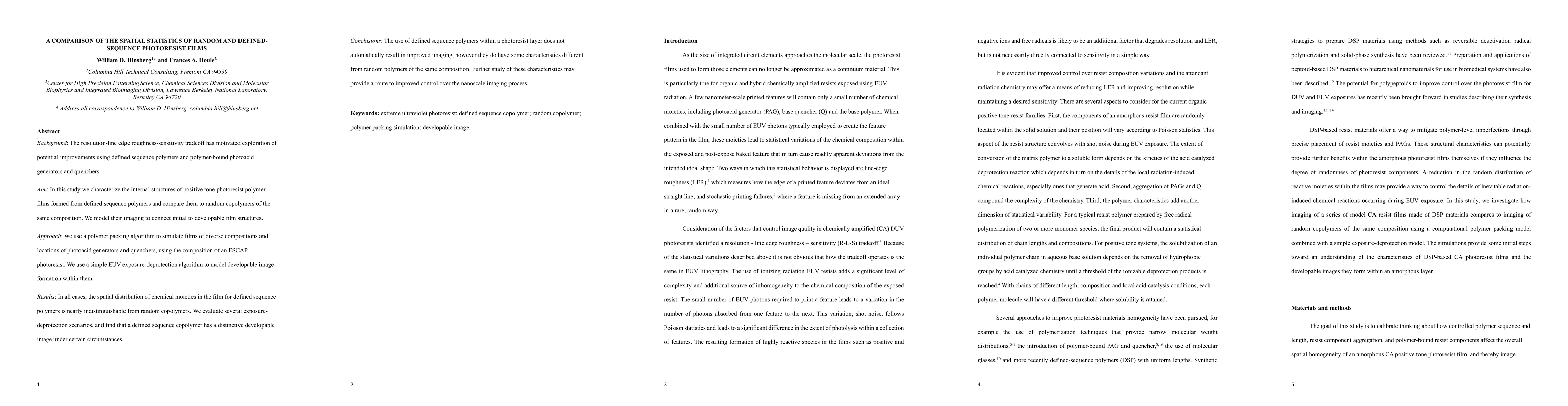 Thumbnail for A Comparison of the Spatial Statistics of Random and Defined-Sequence
  Photoresist Films