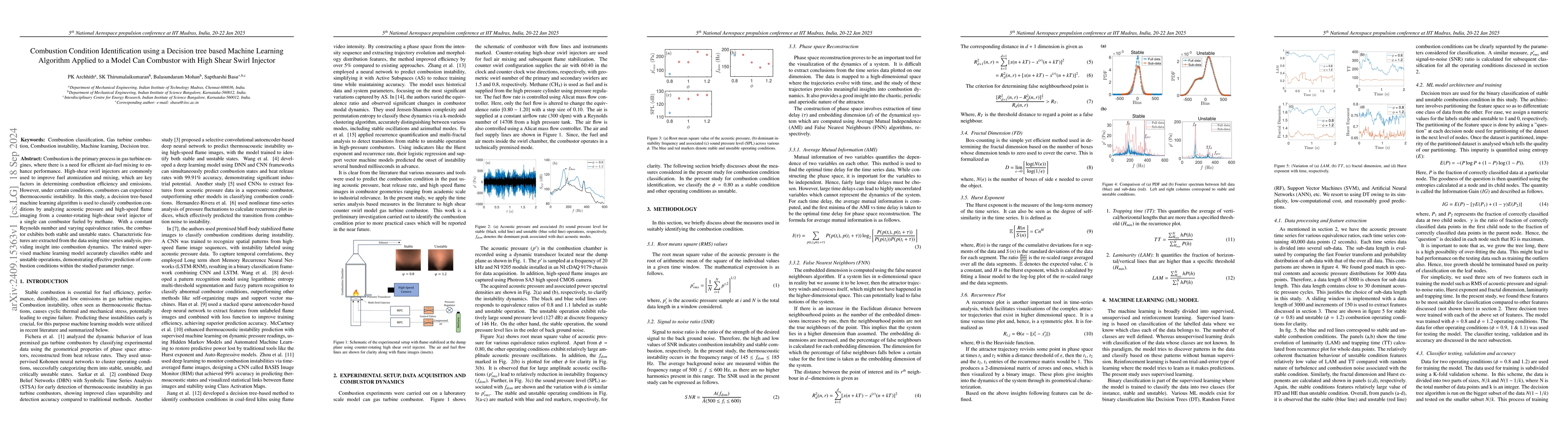 Thumbnail for Combustion Condition Identification using a Decision Tree based Machine
  Learning Algorithm Applied to a Model Can Combustor with High Shear Swirl
  Injector