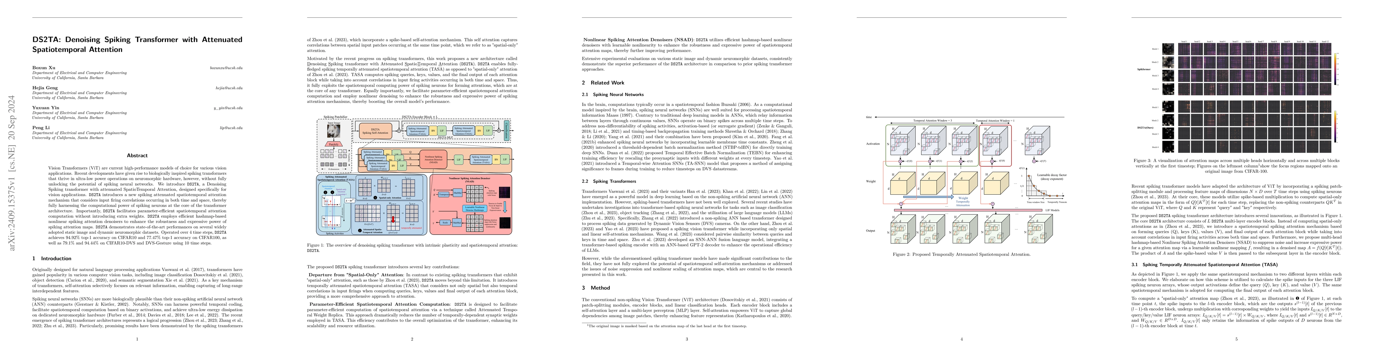 Thumbnail for DS2TA: Denoising Spiking Transformer with Attenuated Spatiotemporal
  Attention