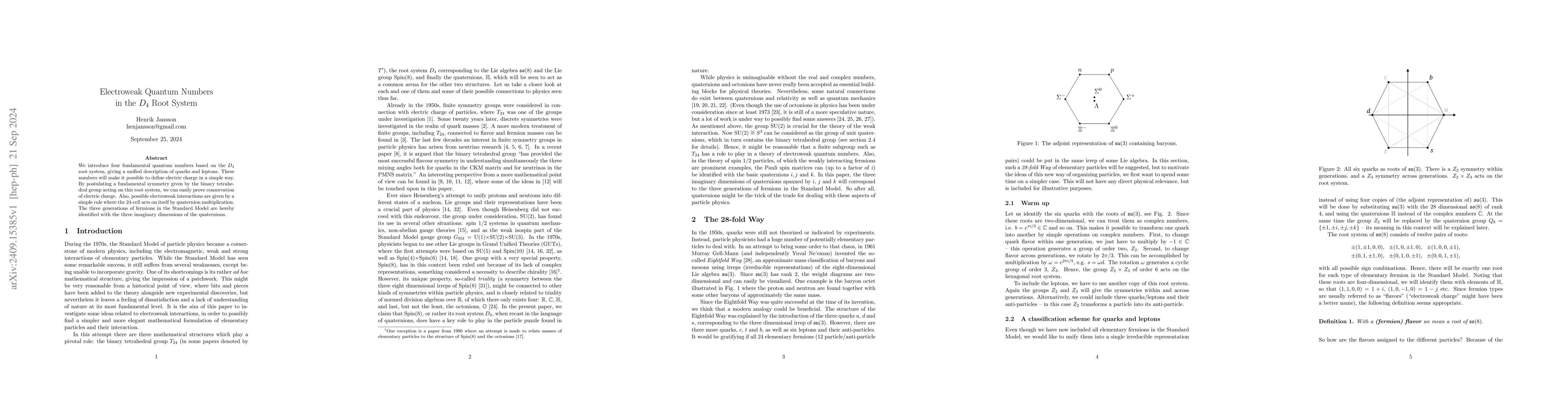 Thumbnail for Electroweak Quantum Numbers in the $D_4$ Root System