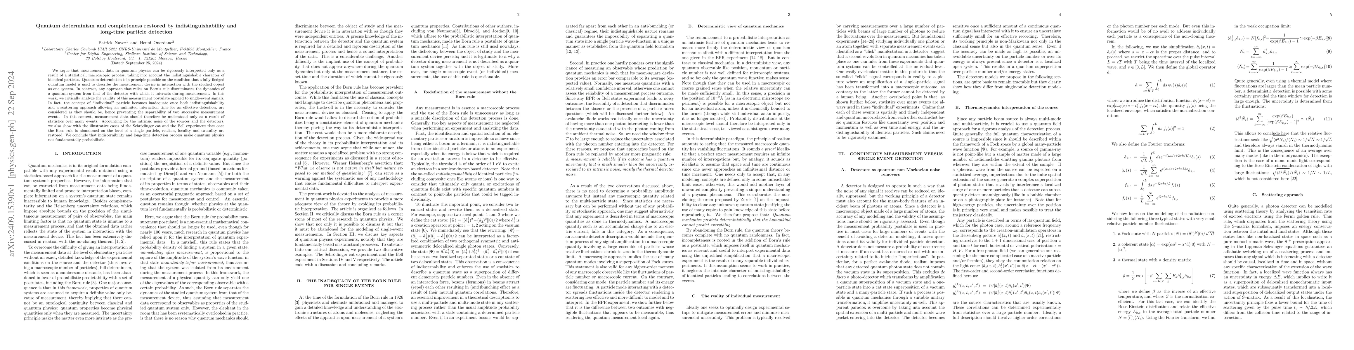 Thumbnail for Quantum determinism and completeness restored by indistinguishability
  and long-time particle detection
