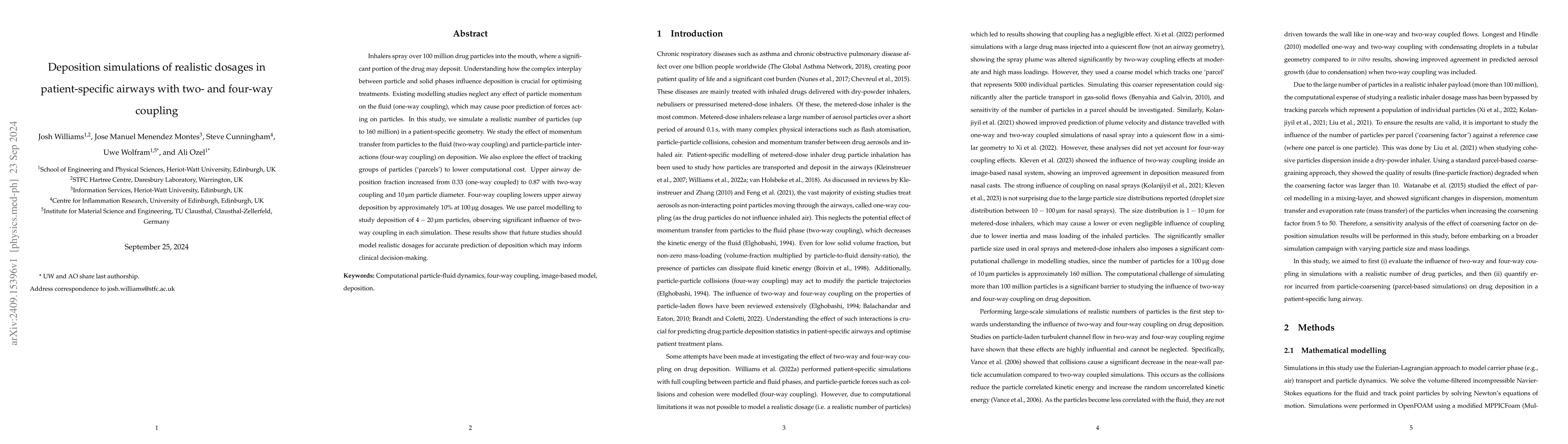 Thumbnail for Deposition simulations of realistic dosages in patient-specific airways
  with two- and four-way coupling