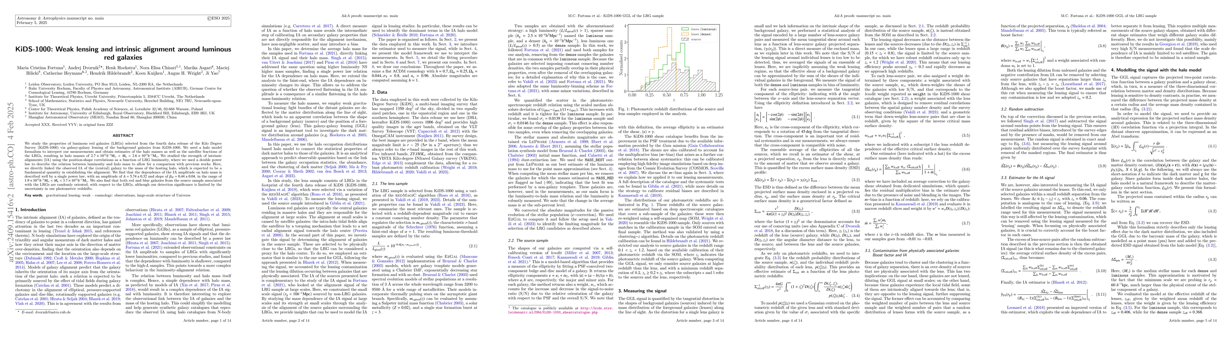 Thumbnail for KiDS-1000: weak lensing and intrinsic alignment around luminous red
  galaxies