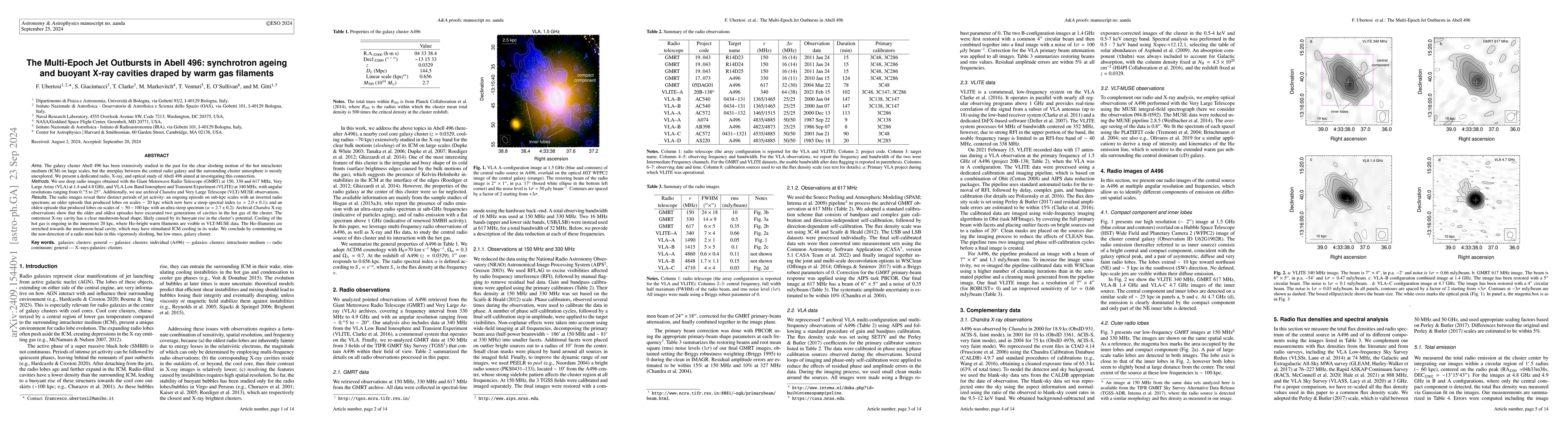 Thumbnail for The Multi-Epoch Jet Outbursts in Abell 496: synchrotron ageing and
  buoyant X-ray cavities draped by warm gas filaments