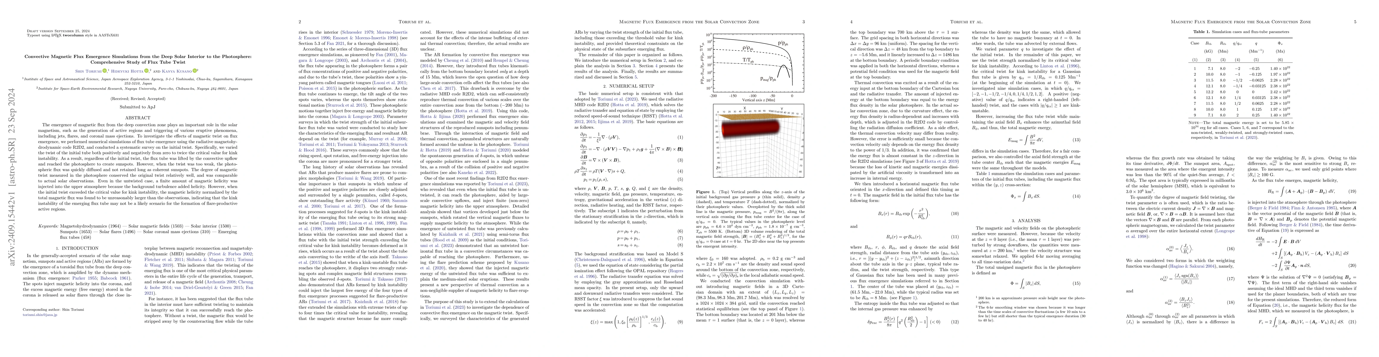 Thumbnail for Convective Magnetic Flux Emergence Simulations from the Deep Solar
  Interior to the Photosphere: Comprehensive Study of Flux Tube Twist