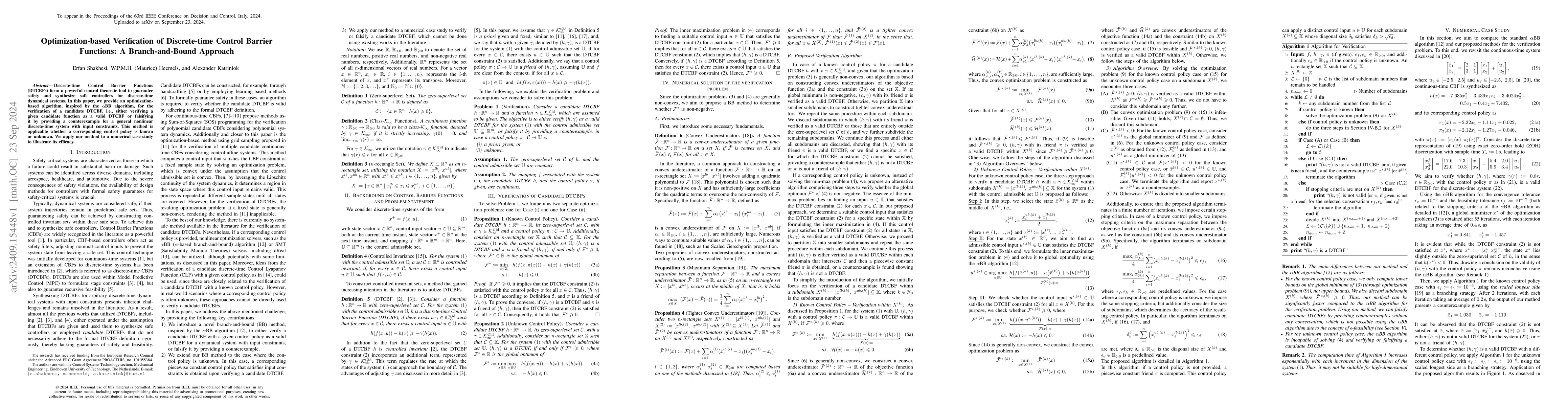 Thumbnail for Optimization-based Verification of Discrete-time Control Barrier
  Functions: A Branch-and-Bound Approach