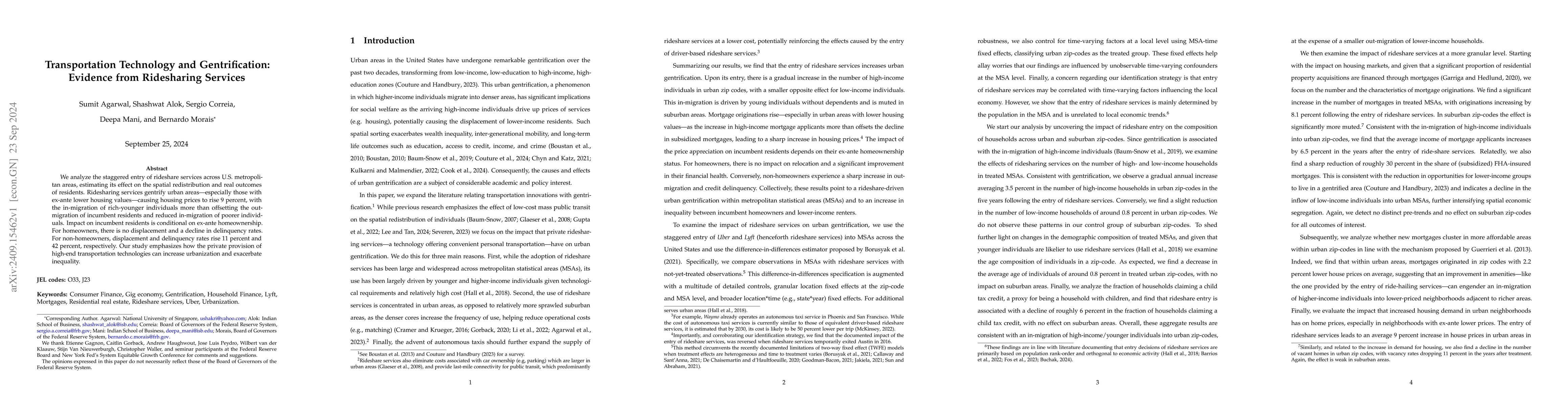 Thumbnail for Transportation Technology and Gentrification: Evidence from the entry of
  Ridesharing Services