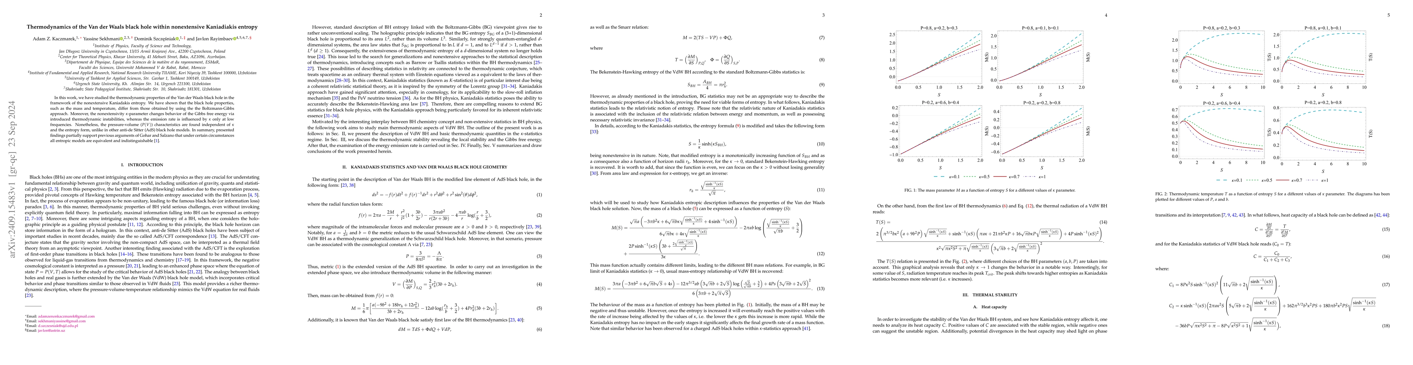 Thumbnail for Thermodynamics of the Van der Waals black hole within nonextensive
  Kaniadiakis entropy