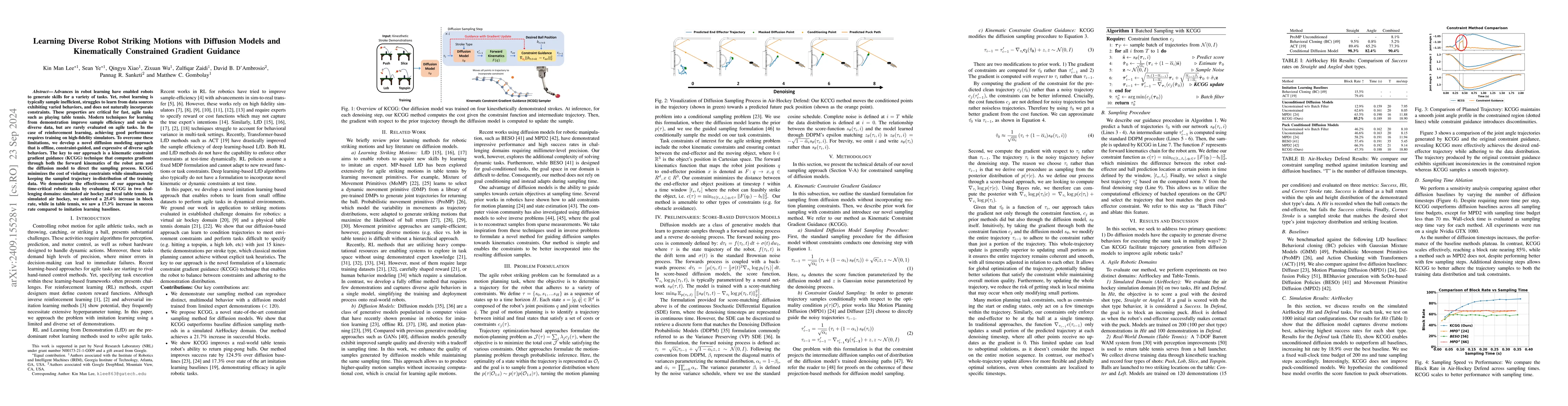 Thumbnail for Learning Diverse Robot Striking Motions with Diffusion Models and
  Kinematically Constrained Gradient Guidance