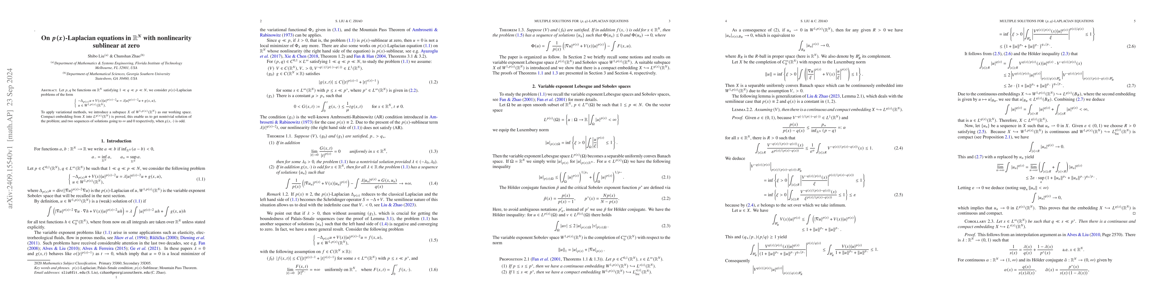 Thumbnail for On $p(x)$-Laplacian equations in $\mathbb{R}^{N}$ with nonlinearity
  sublinear at zero