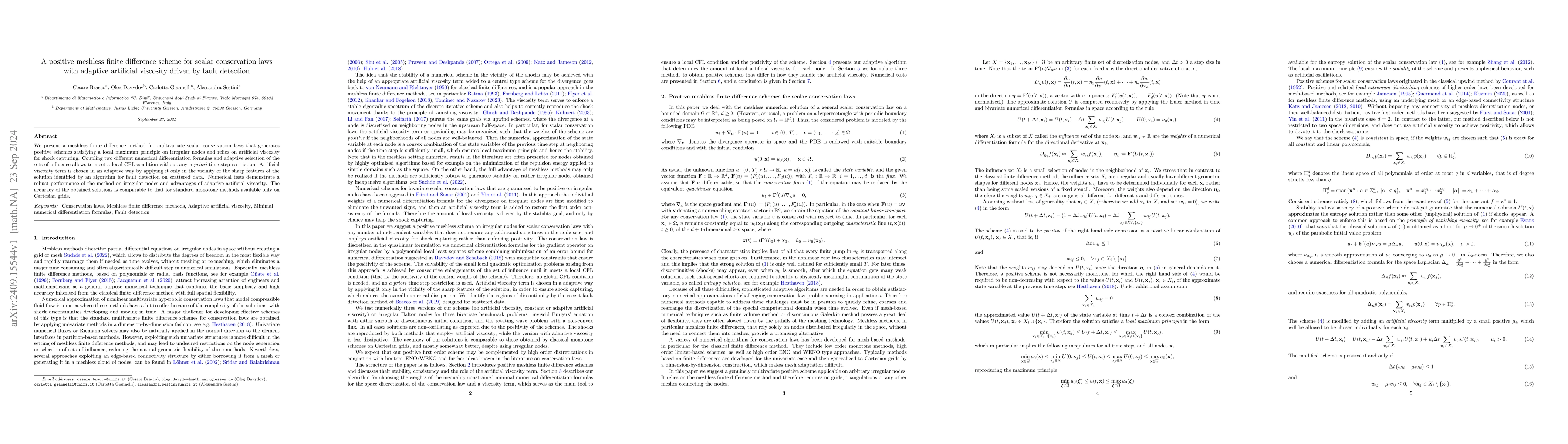 Thumbnail for A positive meshless finite difference scheme for scalar conservation
  laws with adaptive artificial viscosity driven by fault detection