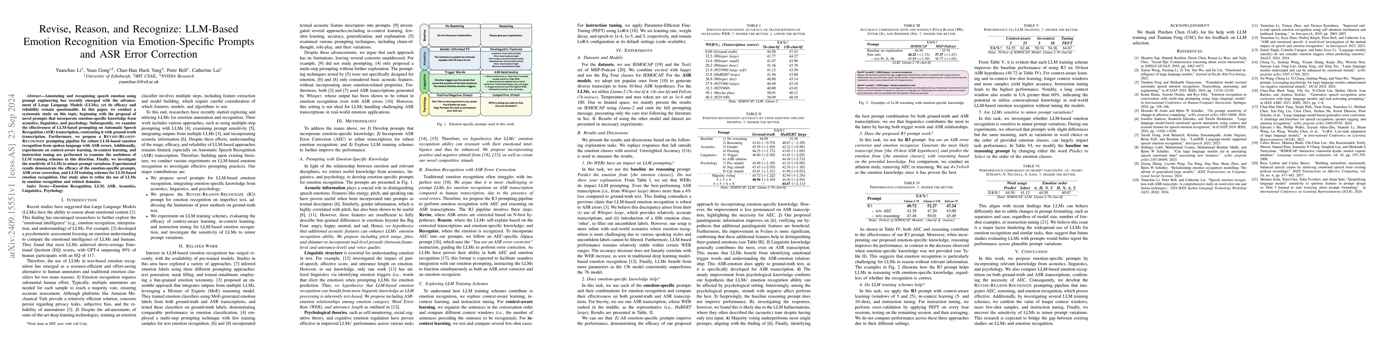 Thumbnail for Revise, Reason, and Recognize: LLM-Based Emotion Recognition via
  Emotion-Specific Prompts and ASR Error Correction