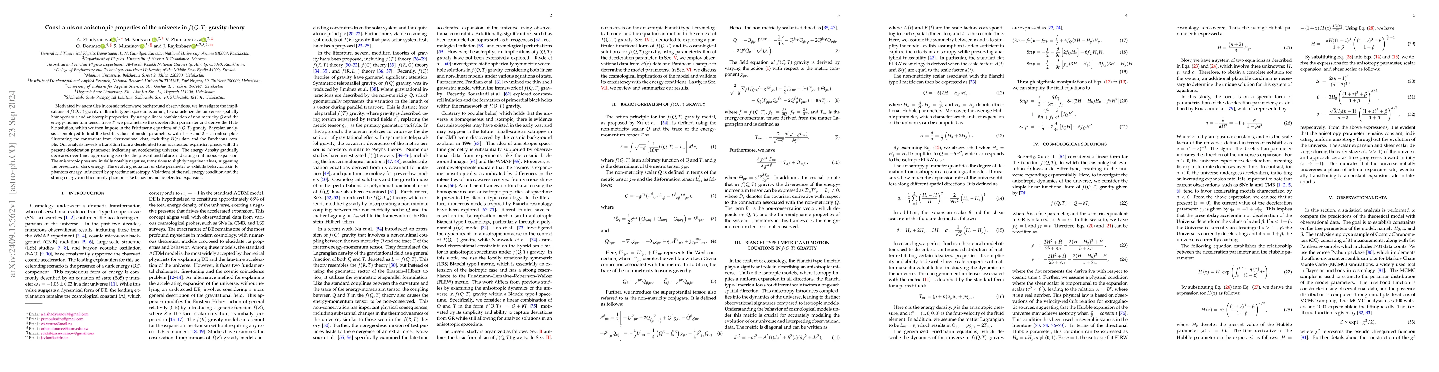 Thumbnail for Constraints on anisotropic properties of the universe in $f(Q, T)$
  gravity theory