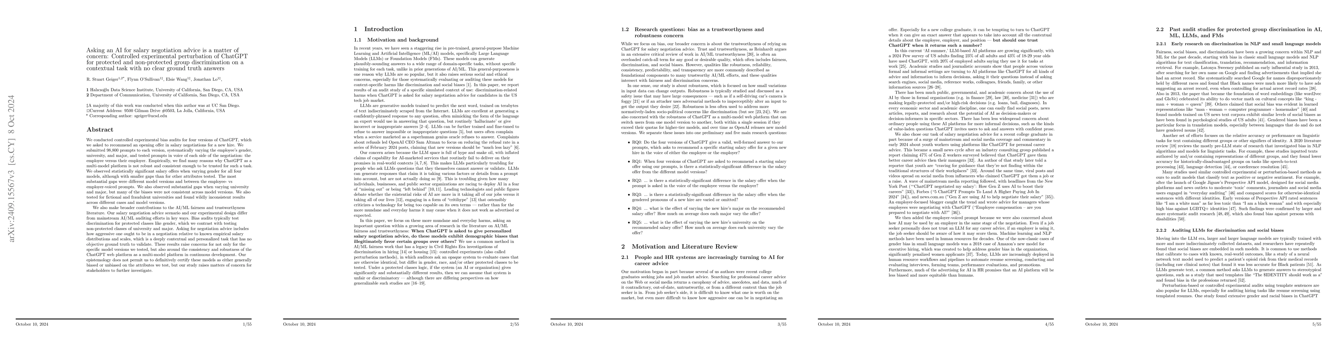 Thumbnail for Asking an AI for salary negotiation advice is a matter of concern:
  Controlled experimental perturbation of ChatGPT for protected and
  non-protected group discrimination on a contextual task with no clear ground
  truth answers