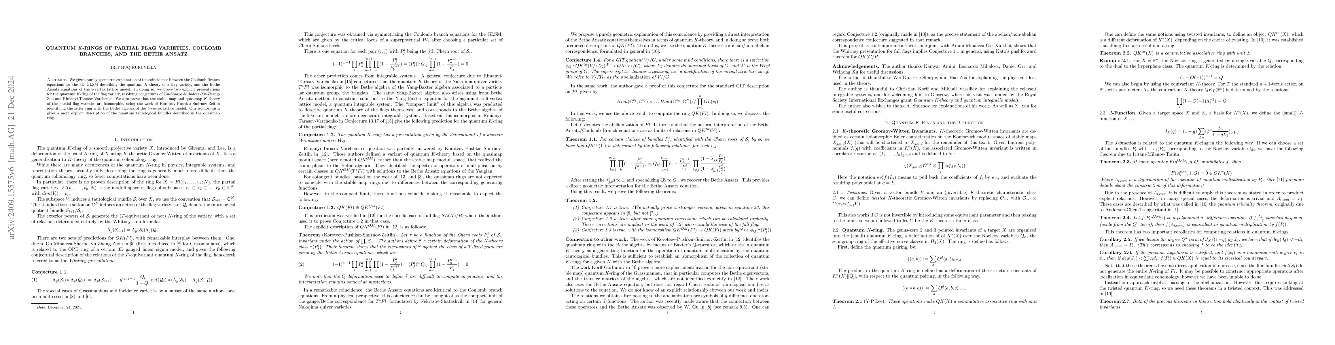 Thumbnail for Quantum K-Rings of Partial Flag Varieties, Coulomb Branches, and the
  Bethe Ansatz