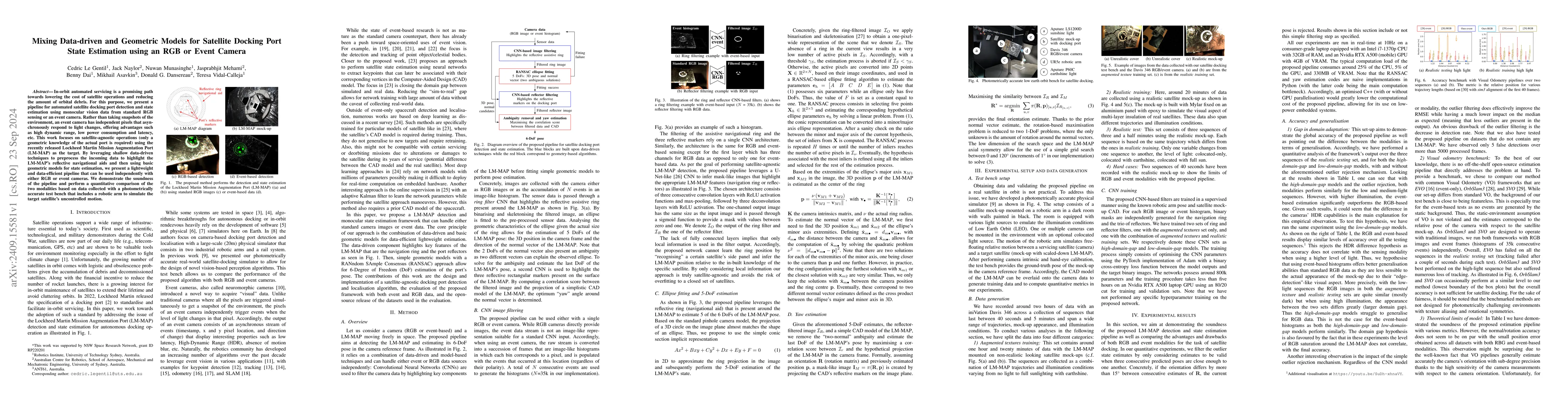 Thumbnail for Mixing Data-driven and Geometric Models for Satellite Docking Port State
  Estimation using an RGB or Event Camera