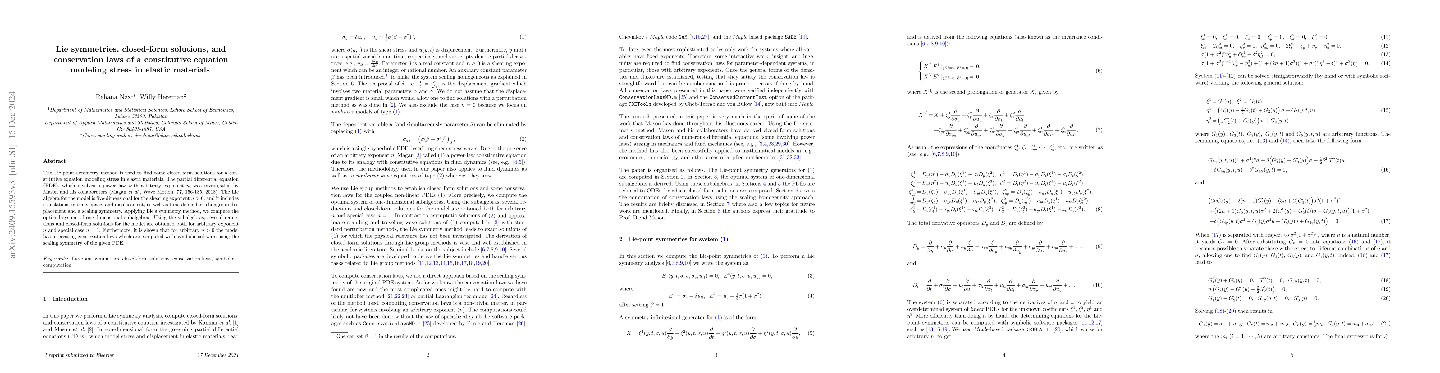 Thumbnail for Lie symmetries, closed-form solutions, and conservation laws of a
  constitutive equation modeling stress in elastic materials