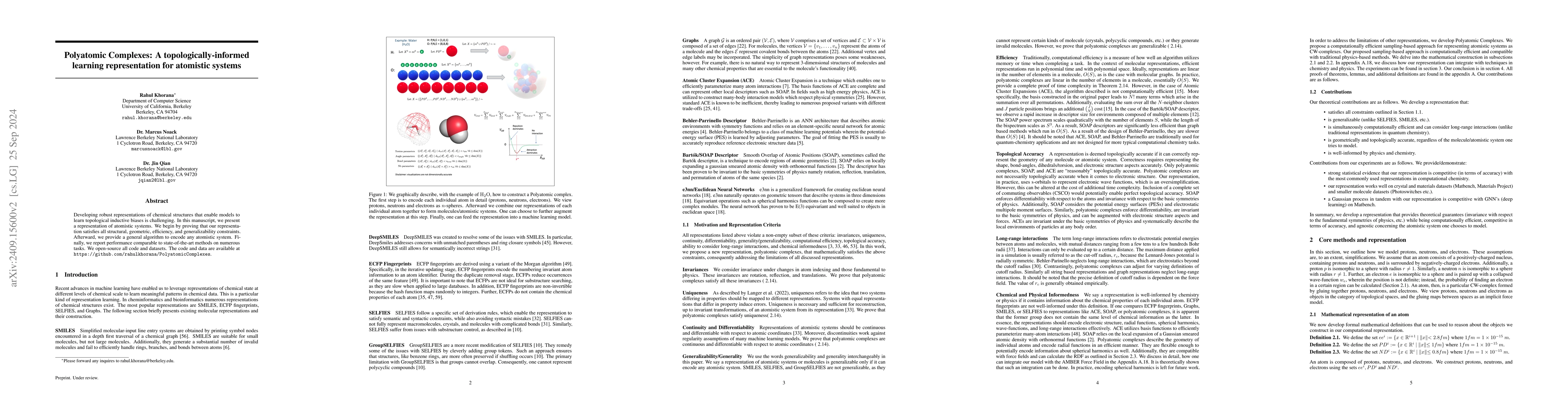 Thumbnail for Polyatomic Complexes: A topologically-informed learning representation
  for atomistic systems