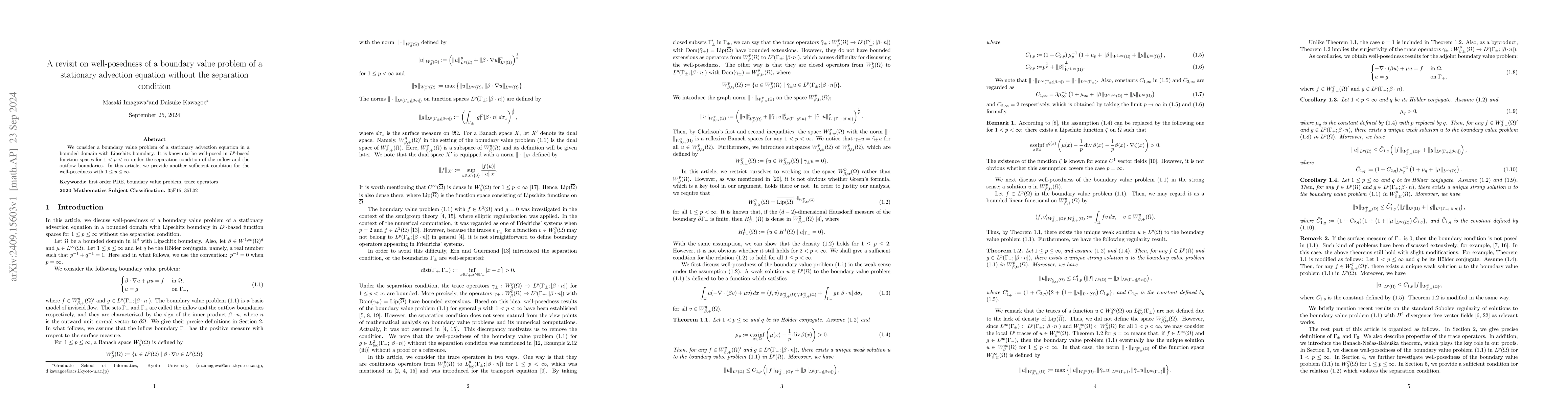 Thumbnail for A revisit on well-posedness of a boundary value problem of a stationary
  advection equation without the separation condition