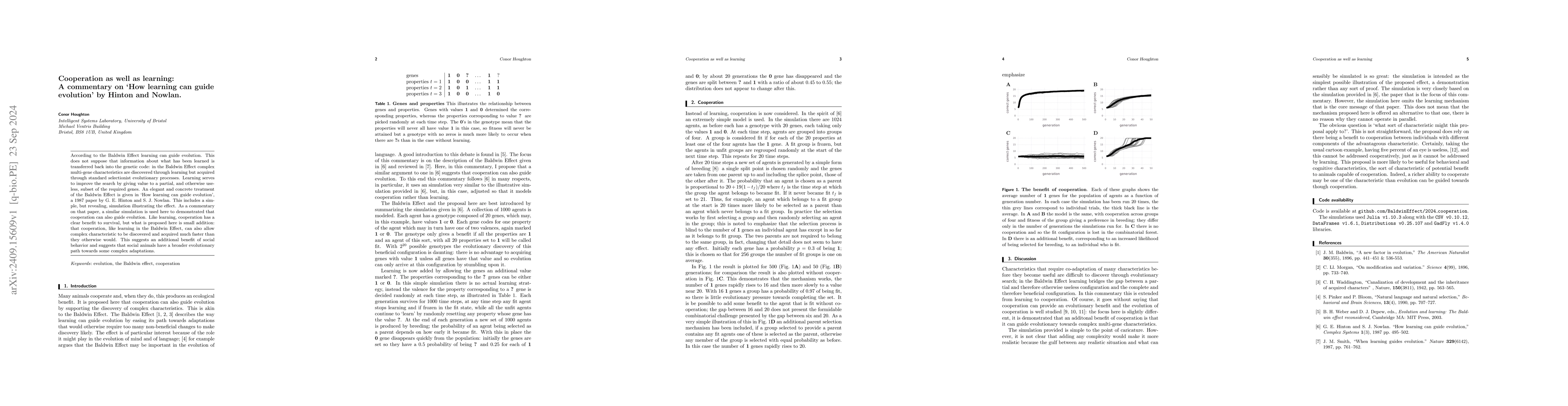 Thumbnail for Cooperation as well as learning: A commentary on 'How learning can guide
  evolution' by Hinton and Nowlan