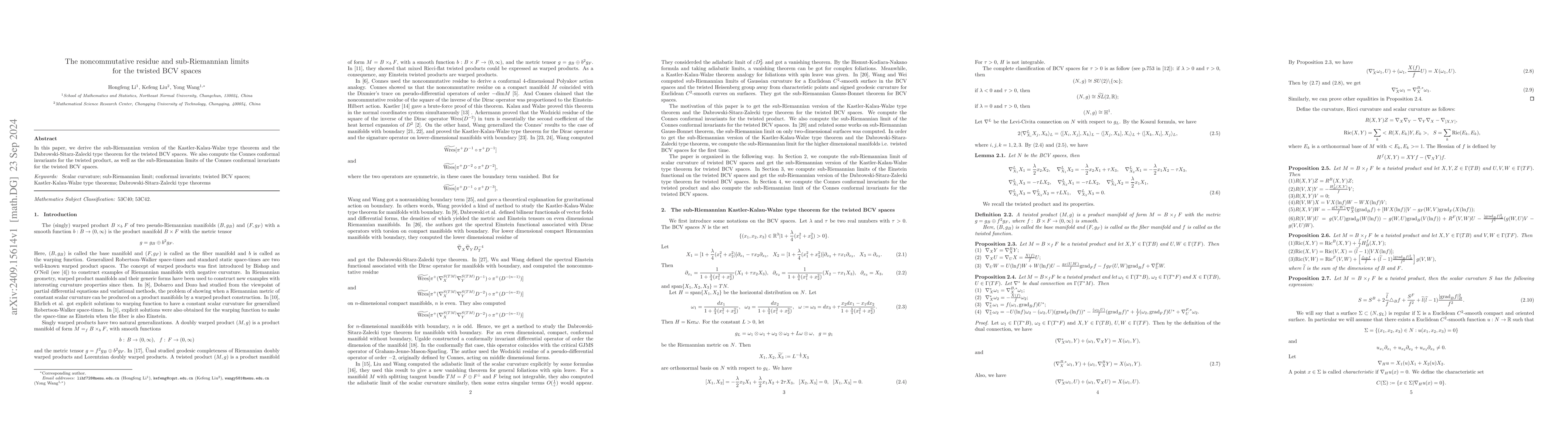 Thumbnail for The noncommutative residue and sub-Riemannian limits for the twisted BCV
  spaces
