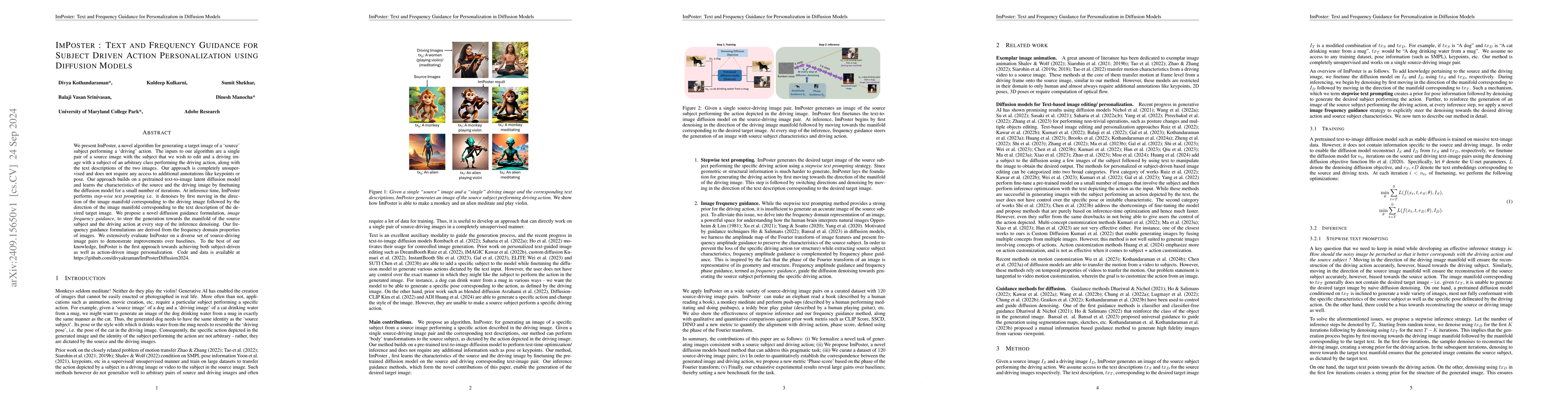 Thumbnail for ImPoster: Text and Frequency Guidance for Subject Driven Action
  Personalization using Diffusion Models