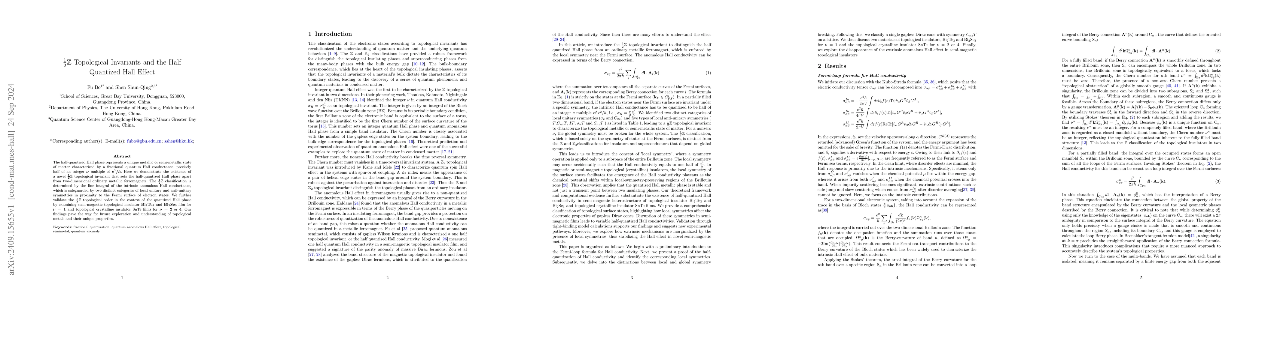 Thumbnail for 1/2 Z Topological Invariants and the Half Quantized Hall Effect
