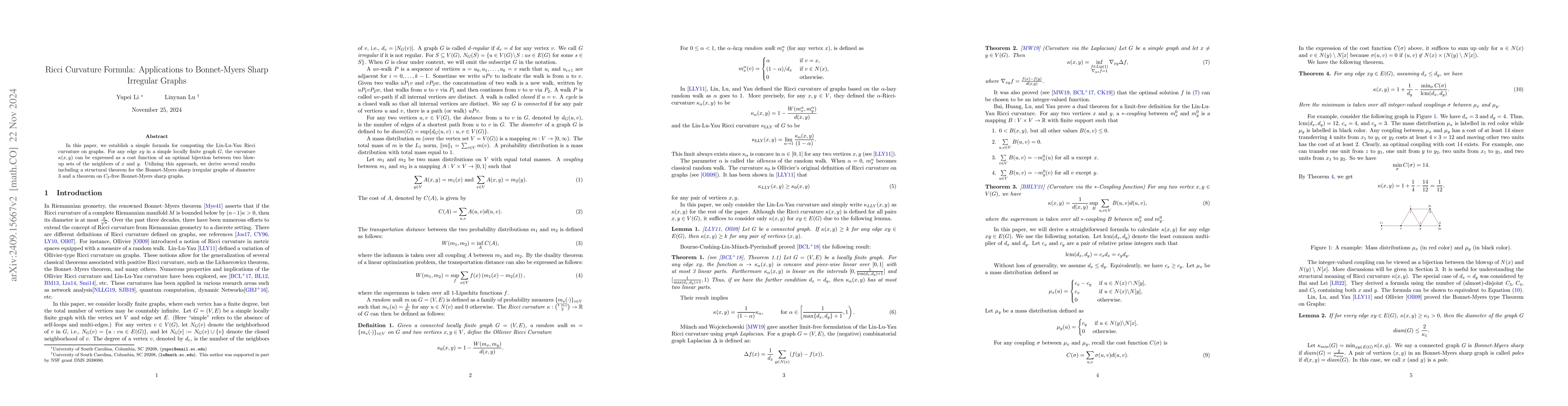 Thumbnail for Ricci Curvature Formula: Applications to Bonnet-Myers Sharp Irregular
  Graphs