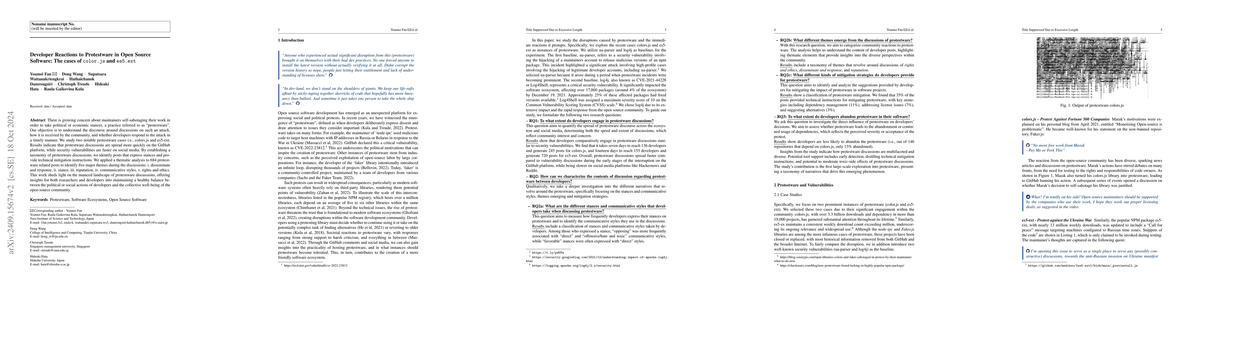 Thumbnail for Developer Reactions to Protestware in Open Source Software: The cases of
  color.js and es5.ext