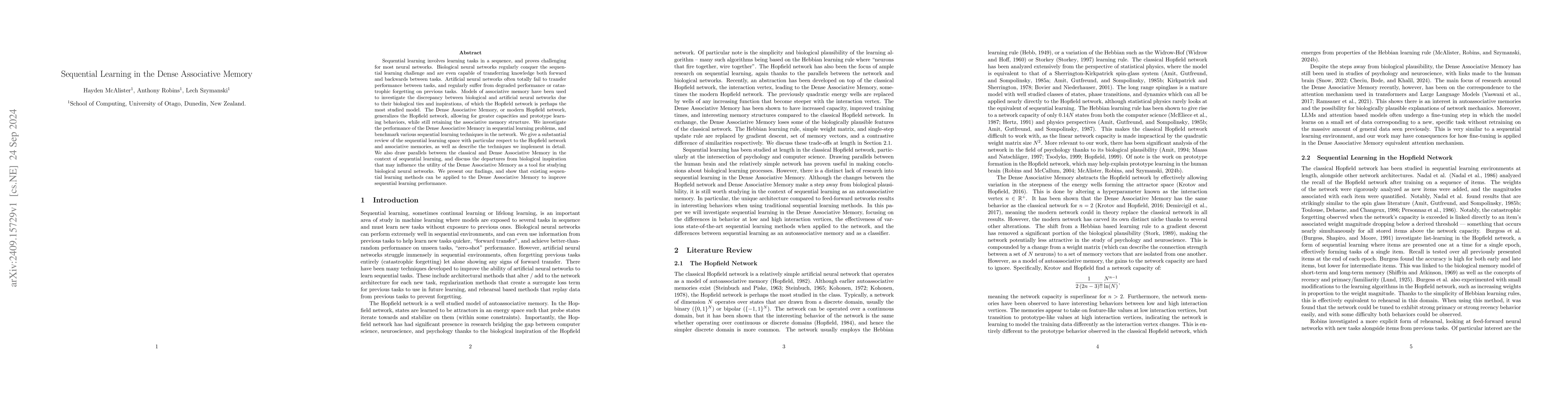 Thumbnail for Sequential Learning in the Dense Associative Memory