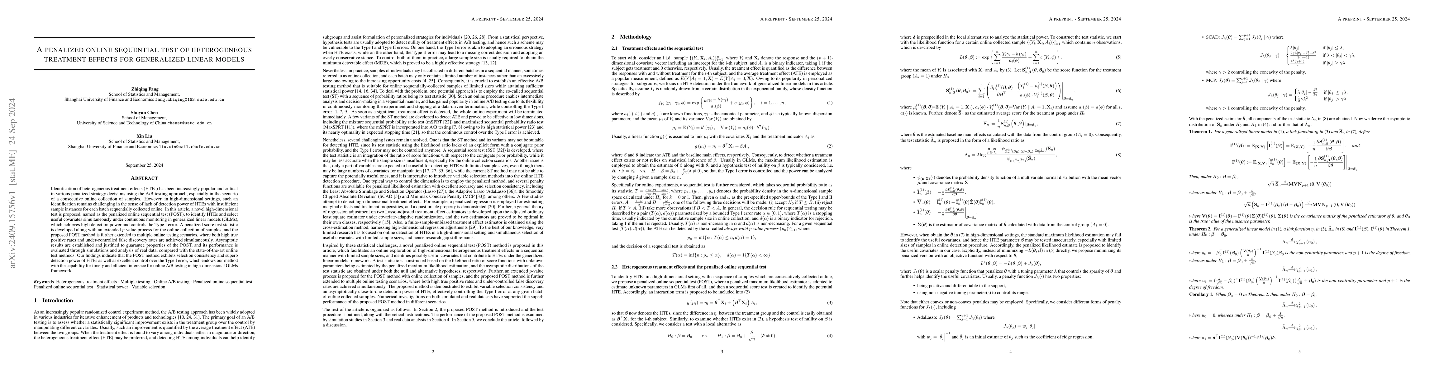 Thumbnail for A penalized online sequential test of heterogeneous treatment effects
  for generalized linear models