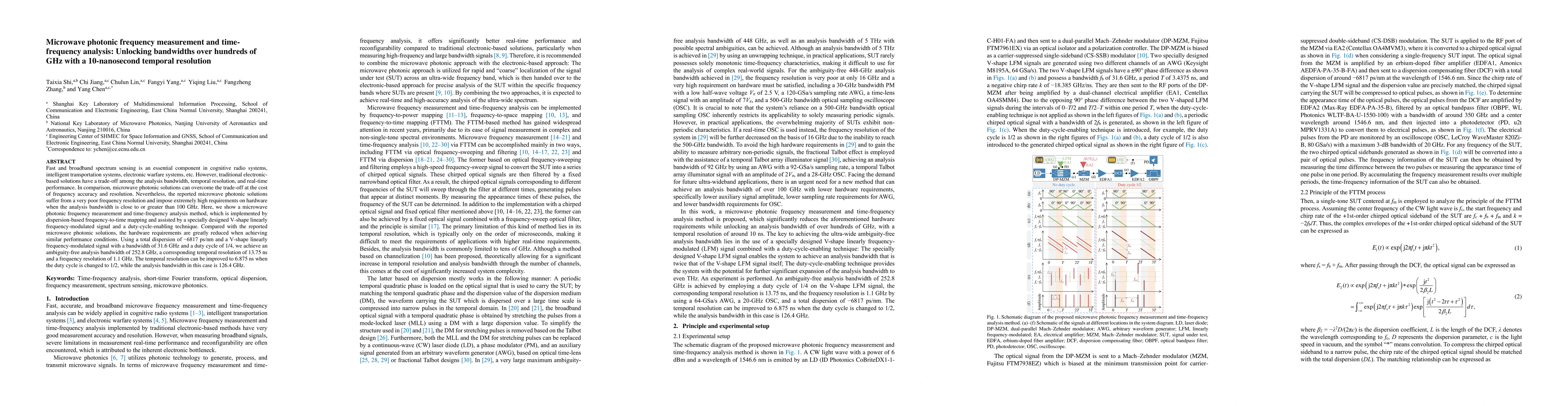 Thumbnail for Microwave photonic frequency measurement and time-frequency analysis:
  Unlocking bandwidths over hundreds of GHz with a 10-nanosecond temporal
  resolution