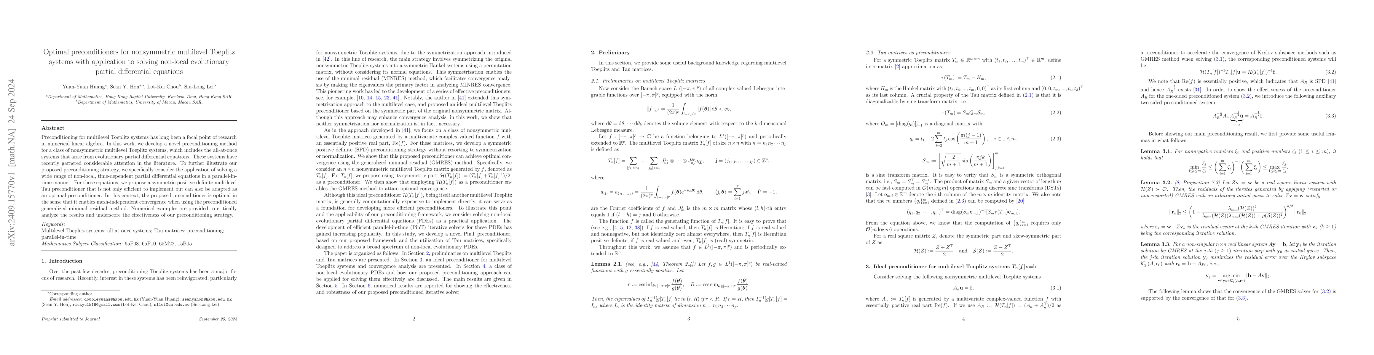Thumbnail for Optimal preconditioners for nonsymmetric multilevel Toeplitz systems
  with application to solving non-local evolutionary partial differential
  equations